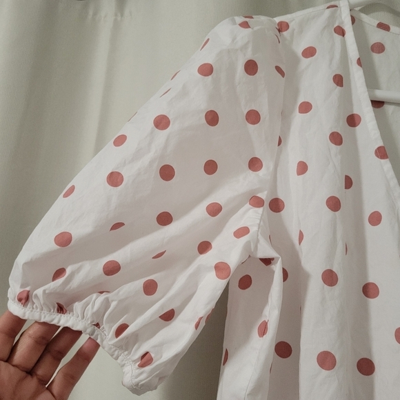 J.crew White Polka Dot V-Neck puff Sleeve Poplin Wrap mini Dress. - Picture 8 of 12